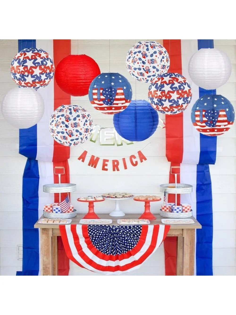 Patriotic Red White Blue Hanging Paper Lanterns - 10 Pack for 4th of July Decor